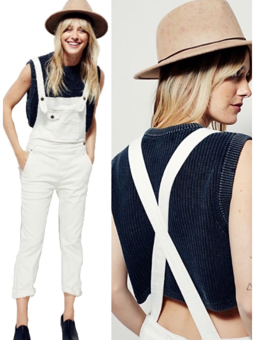 Free People White Denim Criss Cross Overalls Size 30 EUC Bloggers Boho Beach
